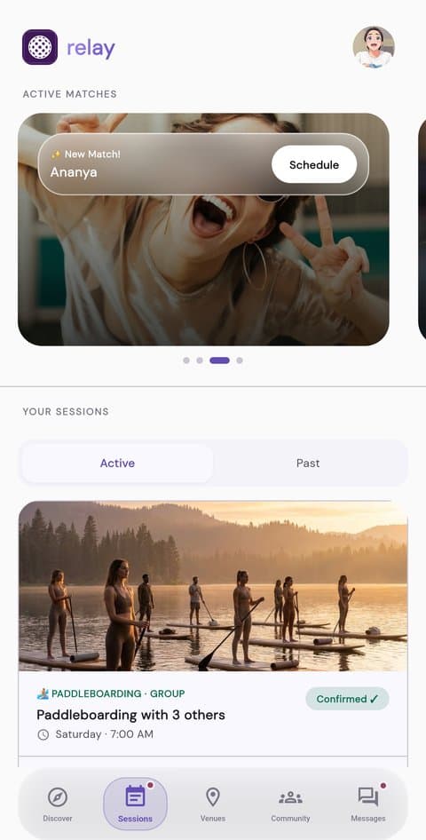 Active matches and upcoming group sessions