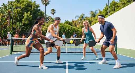 Friends playing pickleball on a sunny court