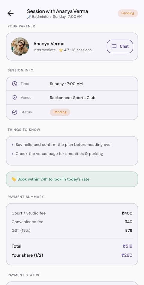 Session details screen with time, venue and payment split