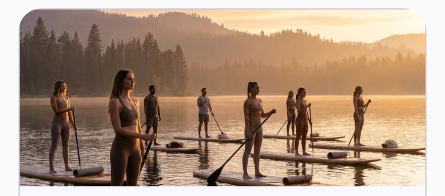 A group paddleboarding session at sunset